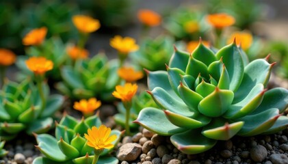 Fototapeta premium Green succulent leaves with yellow and orange flowers on long stems, desert, succulents
