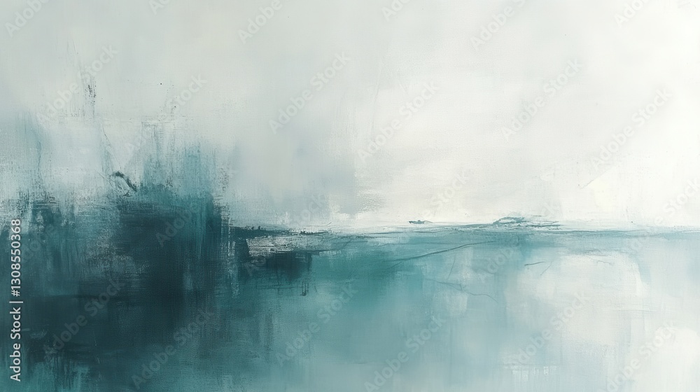 Poster soft gray and teal mist envelops a tranquil landscape at dawn, evoking a sense of calm and serenity 