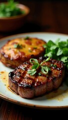 Grilled Churrasco steak on a plate with Batat Recheada beside it, meat pie, churrasco