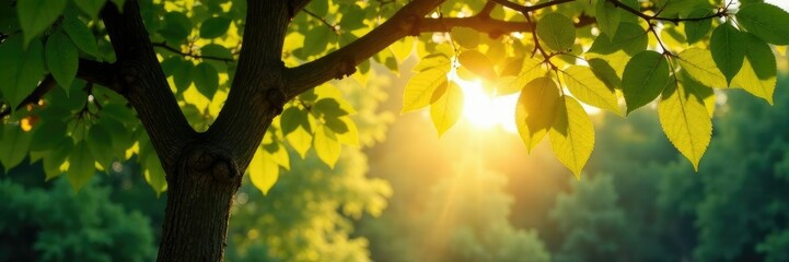 Tree with a glowing sunlight filter through the leaves, foliage, peaceful atmosphere