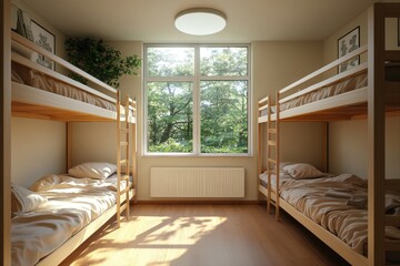 Tranquil dorm room with cozy bunk bed arrangement and abundant natural light