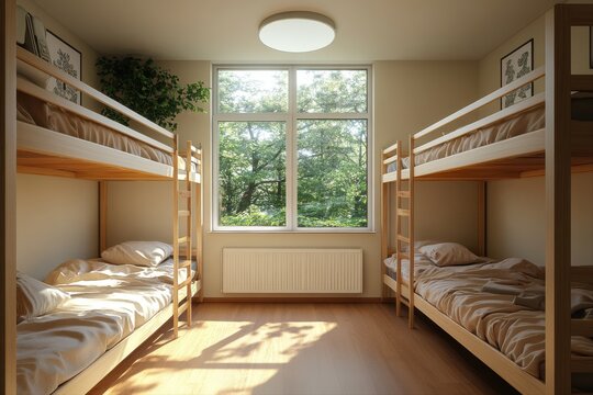 Tranquil dorm room with cozy bunk bed arrangement and abundant natural light