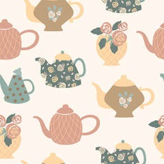 Vintage seamless pattern in shabby chic style. Elegant floral motif, teapot, tea party, coffee time, nostalgic roses and bows, delicate pastel colors. Vector
