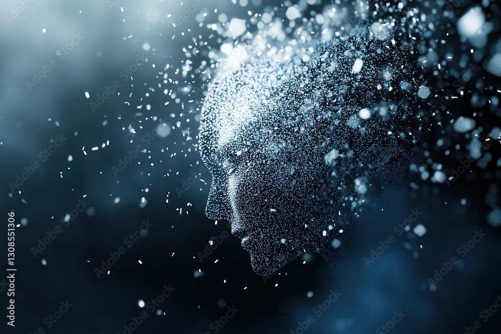 Poster futuristic background with digital particles forming human silhouette reflecting ai driven politics 