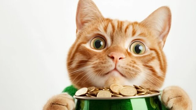 Adorable ginger cat guarding coins in a green pot with playful curiosity
