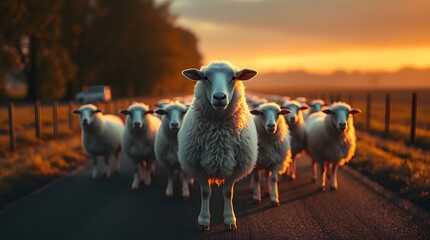 Fototapeta premium Sheep Herd Walking on Road at Sunset with Golden Light