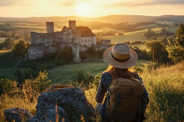 Woman hiker sits on hilltop overlooking sunset and ancient castle ruins in idyllic countryside.