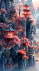 Fototapeta premium Traditional Chinese stained glass mountain and pavilion poster background