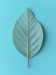 Serene Leaf on a Teal Canvas: A singular, delicately veined leaf commands attention against a vibrant teal backdrop, inviting a sense of calm and appreciation for nature's intricate details.