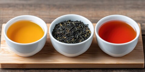 National tea day with relaxation and wellness idea. Three bowls of tea and tea leaves on a wooden tray.