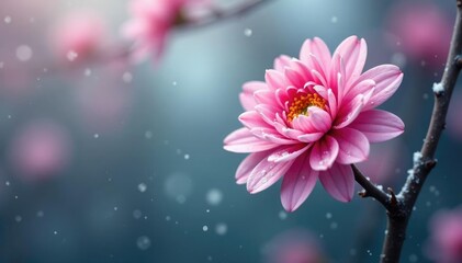 Pink chrysanthemum blooms on a bare tree branch with snowflakes falling, pink, petals, flower