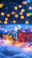 Fototapeta premium Christmas presents in the snow with bokeh lights