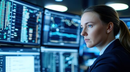 Fototapeta premium Focused woman analyzing market trends on computer screen with business data and graphs in modern office setting