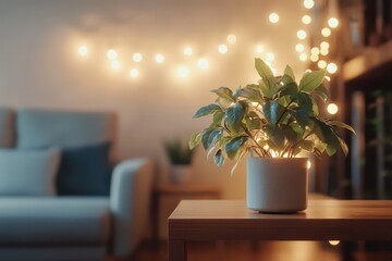 A conceptual home decor setting with a Croton plant on a wooden shelf, surrounded by contemporary furniture and soft lighting.