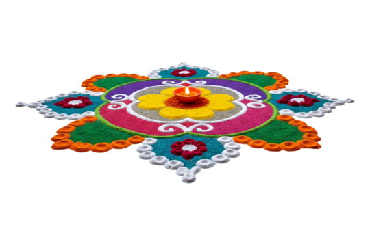 Elegant rangoli design on transparent PNG, perfect for Diwali, weddings, or festive projects holi intricate patterns for seamless integration into any creative design