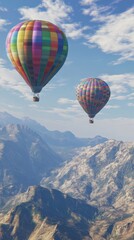 Obraz premium Vibrant hot air balloons soar above breathtaking mountain ranges on a sunny day. A captivating aerial view perfect for travel, adventure, or nature-themed projects.. AI Generation
