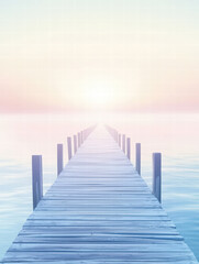 Fototapeta premium Pier to Serenity: A long wooden pier extends towards the horizon, disappearing into a soft, pastel-colored sky reflecting on calm waters.