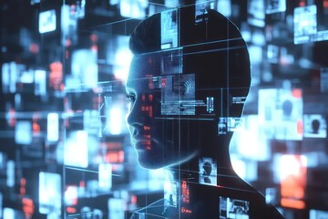 A conceptual human resource technology artwork showing a virtual hiring process through AI-driven selection.