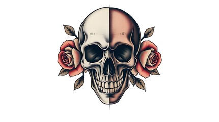 Fototapeta premium Skull and Roses Tattoo Design with Half-tone Shading and Symmetry