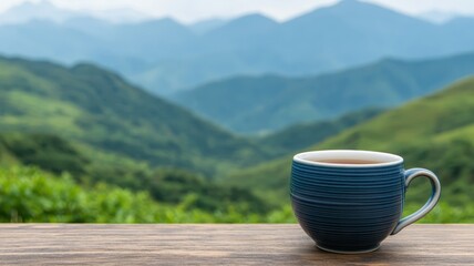 National tea day with relaxation and wellness idea. Serene mountain view with a cup of tea on a wooden table.