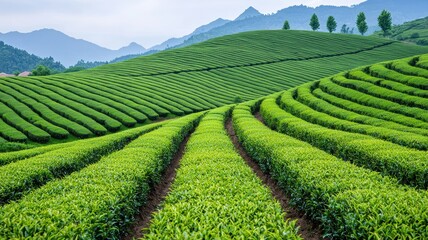 National tea day with relaxation and wellness idea. Lush green tea fields under a serene sky.