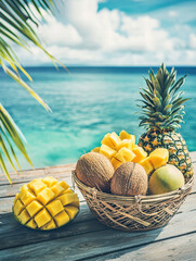 Tropical Delight: A vibrant arrangement of fresh tropical fruits, including pineapple, mango and coconut,  displayed on a wooden surface with the ocean backdrop.