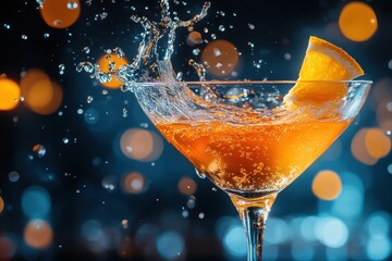 Refreshing cocktail splash at a vibrant bar drink photography nighttime high angle