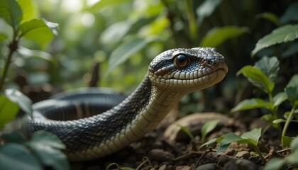 Fototapeta premium Snake in Nature Close Up Emerging From Foliage on Forest Floor