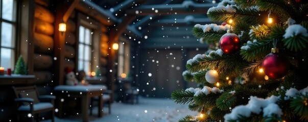 Snowflakes gently fall on rustic Christmas tree in barn with twinkling lights, twinkling lights, rustic tree, winter snow