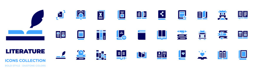 Literature icon collection. Bold style. Duotone colors. book, romantic novel, poetry, open book, literature, temple of literature, change, trilogy