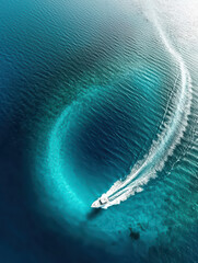 Coastal Cruise: An aerial perspective captures a boat gracefully cutting through crystal-clear turquoise waters, leaving a vibrant wake against a backdrop of the open sea.