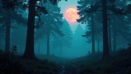 Fototapeta premium Twilight forest with towering trees and glowing fog, overgrown, fog