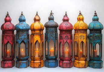 Obraz premium Colorful Moroccan Lanterns Festive Candles Decor Home Red Glow Warm Blue Pink Teal Metal Light Style