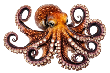 Common octopus with curled arms and speckled skin pattern
