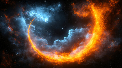 Naklejka premium vibrant cosmic scene featuring swirling clouds of orange and blue, representing celestial phenomenon space. fiery elements contrast beautifully with dark starry background, evoking sense of wonder