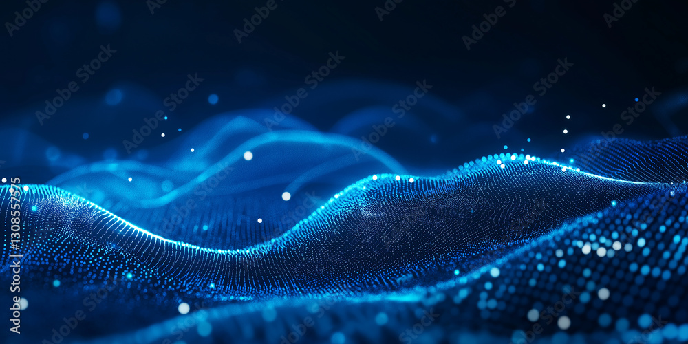 Fototapete abstract wave with blue light on black background. science background with moving dots. network conn