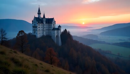 Fototapeta premium Majestic Castle Overlooking Autumn Forest and Misty Valley at Sunset