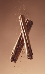 Cinnamon sticks with powder in closeup