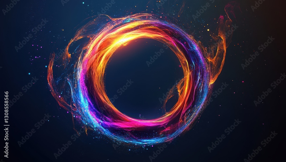 Poster colorful abstract circular swirl with bright neon lights on a dark background creating a mesmerizing