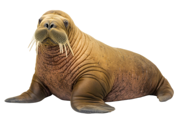 Walrus sitting and facing forward with visible tusks and whiskers