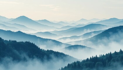Obraz premium Serene mountain landscape misty environment nature view tranquil atmosphere majestic peaks
