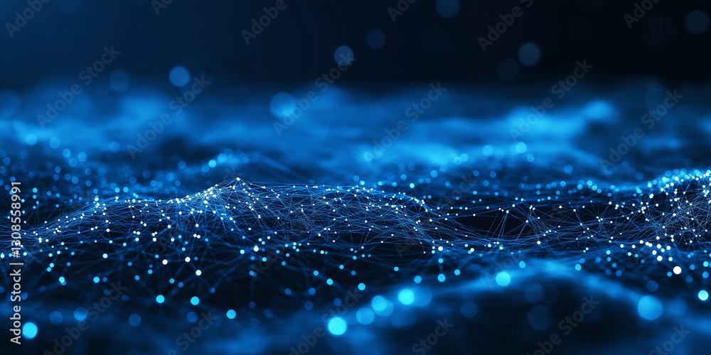Fototapete abstract wave with blue light on black background. science background with moving dots. network conn
