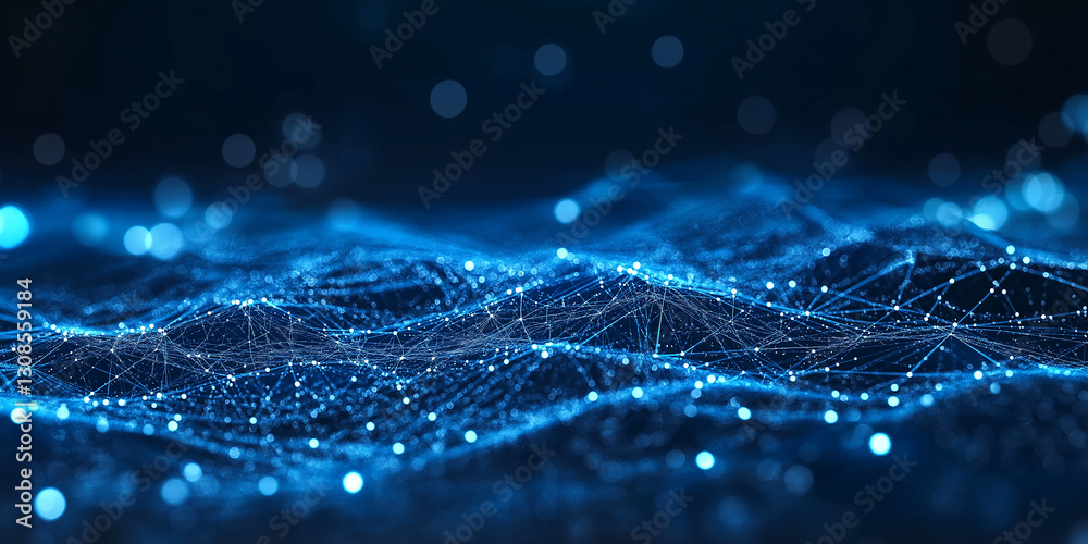 Fototapete abstract wave with blue light on black background. science background with moving dots. network conn