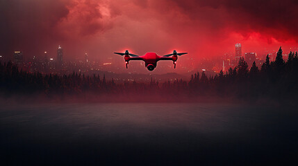 red drone hovers over dark forest with futuristic city skyline in background, shrouded in dramatic red sky, creating sense of mystery and adventure