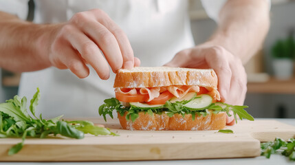 a chef making a delicious sandwich with fresh ingredients on a wooden cutting board. Close-up of chef's hands