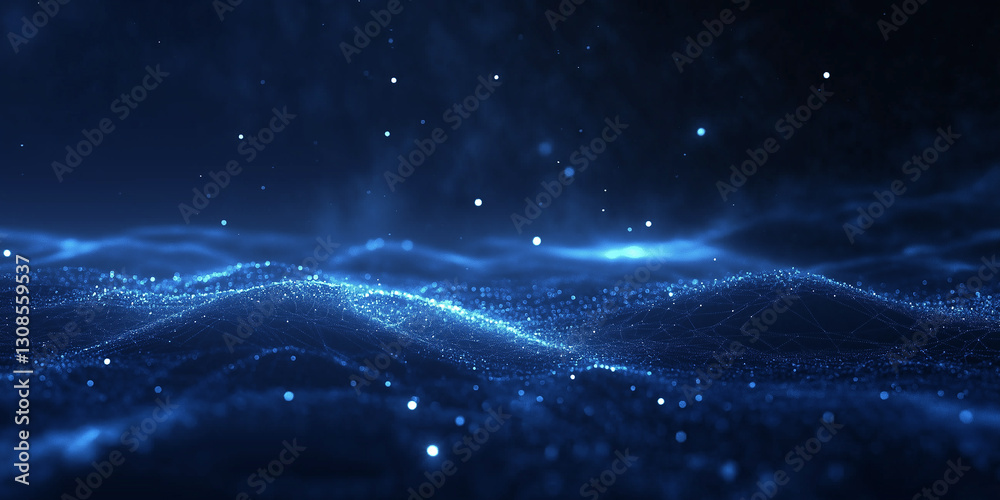 Poster abstract blue waves lines from particles and dots of energetic magic with glow effect and blur bokeh