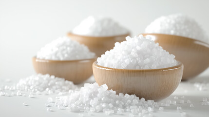 a collection of salt in small wooden bowls, showcasing its crystalline texture. The salt is in various bowls with a small amount of salt scattered