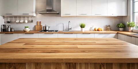 A clean, modern kitchen island showcasing a smooth, light-colored wooden countertop, ideal for product placement or culinary demonstrations.