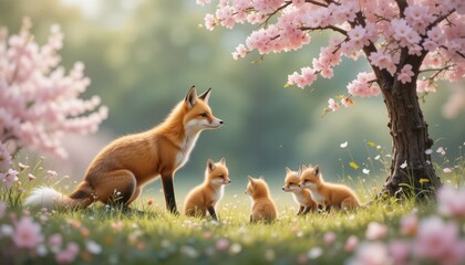 Fox family gathered under cherry blossoms tranquil meadow nature photography springtime close-up wildlife bonding