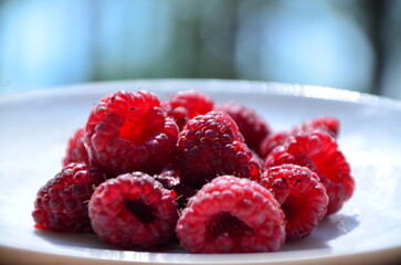 Raspberry. Sweet red raspberries. Juicy raspberries on the table. Fresh Raspberries. Rubus idaeus....